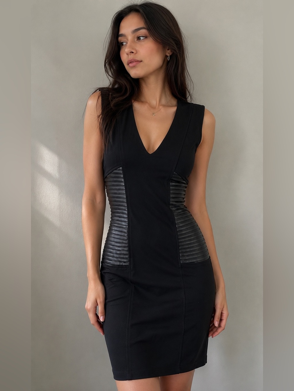 bebe Black V-Neck Sleeveless Mini Dress with Ribbed Side Panels